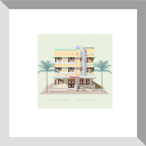 Digital architectural illustration of the Crescent Hotel in Miami Beach, Florida, showcasing its iconic Art Deco façade, rounded corner tower, horizontal banding, palm trees, and pastel color palette. Artwork by Lex George.