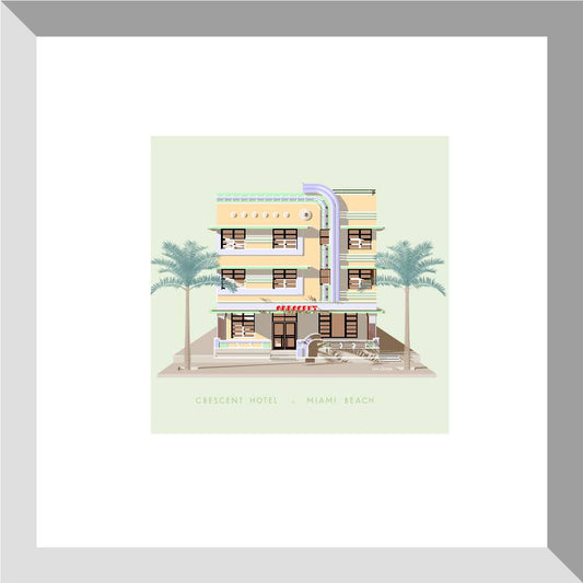 Digital architectural illustration of the Crescent Hotel in Miami Beach, Florida, showcasing its iconic Art Deco façade, rounded corner tower, horizontal banding, palm trees, and pastel color palette. Artwork by Lex George.
