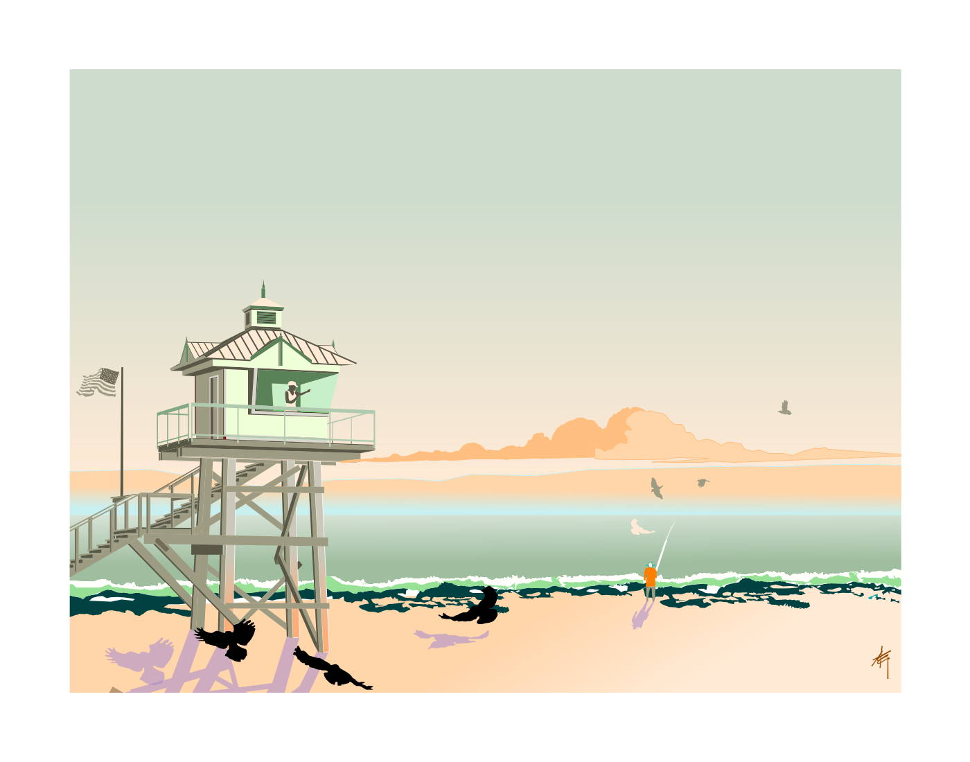 Digital coastal landscape illustration featuring a Florida beach lifeguard tower overlooking the ocean at sunrise, with seabirds, gentle waves, and an angler fishing from the shoreline. Artwork by Lex George.