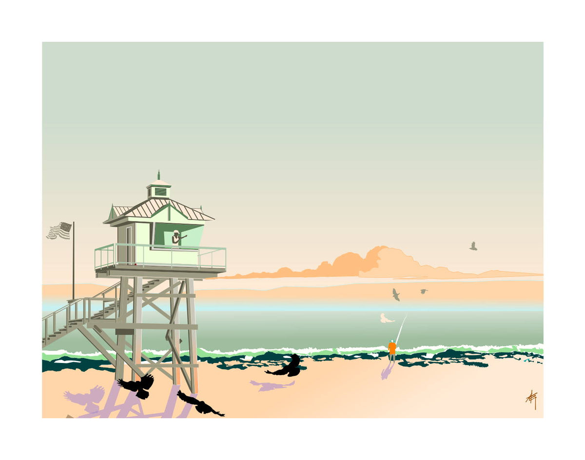Digital coastal landscape illustration featuring a Florida beach lifeguard tower overlooking the ocean at sunrise, with seabirds, gentle waves, and an angler fishing from the shoreline. Artwork by Lex George.
