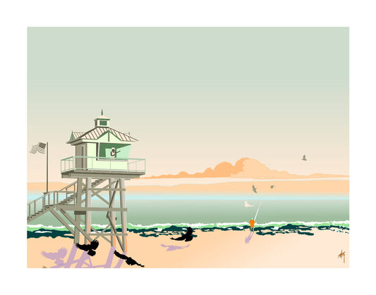Digital coastal landscape illustration featuring a Florida beach lifeguard tower overlooking the ocean at sunrise, with seabirds, gentle waves, and an angler fishing from the shoreline. Artwork by Lex George.