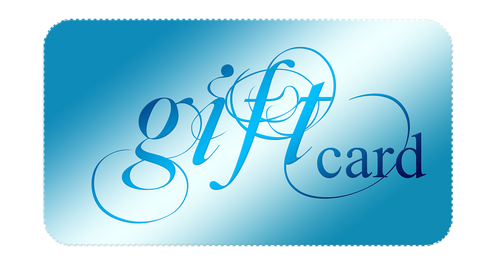 A blue gift card with white text that reads 'GIFT CARD'.