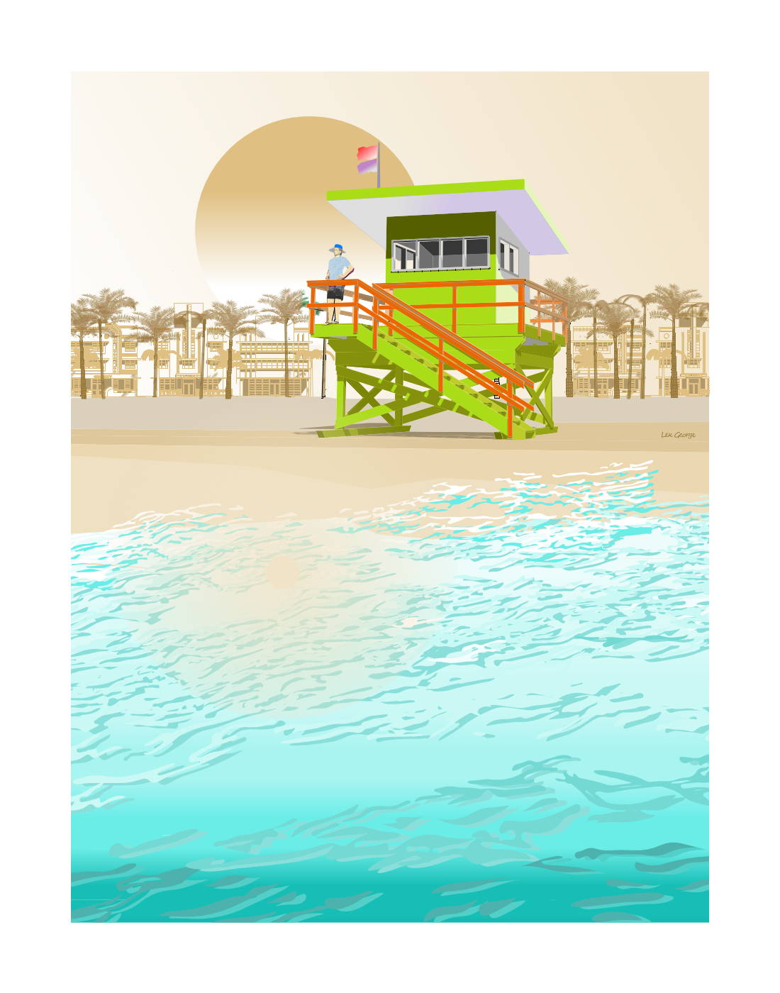 Digital coastal illustration of a colorful Miami Beach lifeguard tower overlooking turquoise ocean water, with palm trees, sandy beach, and a golden sunrise. Artwork by Lex George.