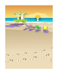 Digital coastal illustration of a Miami Beach lifeguard tower at sunrise, overlooking the Atlantic Ocean with colorful beach chairs, gentle waves, and footprints across the sand. Artwork by Lex George.