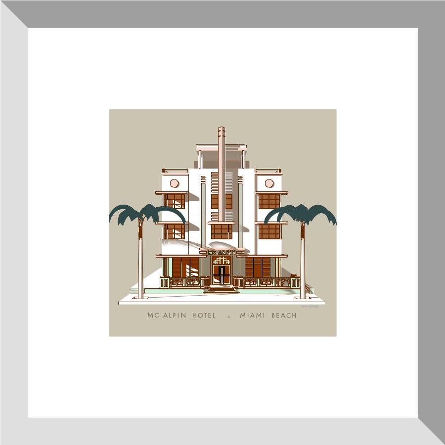 Digital architectural illustration of the McAlpin Hotel in Miami Beach, Florida, highlighting its iconic Art Deco façade, symmetrical vertical tower, geometric detailing, and palm-lined entrance. Artwork by Lex George.