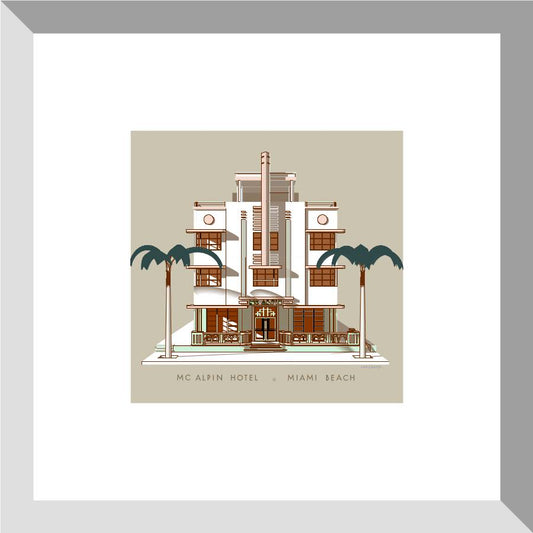 Digital architectural illustration of the McAlpin Hotel in Miami Beach, Florida, highlighting its iconic Art Deco façade, symmetrical vertical tower, geometric detailing, and palm-lined entrance. Artwork by Lex George.