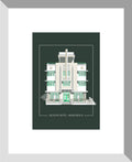 Digital architectural illustration of the McAlpin Hotel in Miami Beach, Florida, highlighting its iconic Art Deco façade, symmetrical vertical tower, geometric detailing, and palm-lined entrance. Artwork by Lex George.