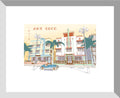 Digital architectural illustration of Ocean Drive in Miami Beach, Florida, showcasing iconic Art Deco hotels, swaying palm trees, and a vintage convertible in Lex George's signature pastel color palette.