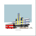 Digital architectural illustration of the Breakwater Hotel in Miami Beach, Florida, featuring its iconic Art Deco façade, vertical Breakwater sign, outdoor café, and a classic red double-decker bus in the foreground. Artwork by Lex George.