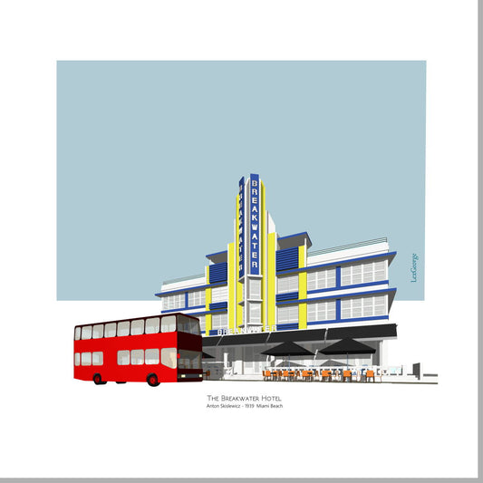 Digital architectural illustration of the Breakwater Hotel in Miami Beach, Florida, featuring its iconic Art Deco façade, vertical Breakwater sign, outdoor café, and a classic red double-decker bus in the foreground. Artwork by Lex George.