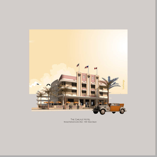 Architectural illustration of the Carlyle Hotel in Miami Beach, highlighting its iconic Art Deco façade, rounded corner balconies, tropical landscaping, vintage automobile, and classic South Beach atmosphere. Artwork by Lex George.