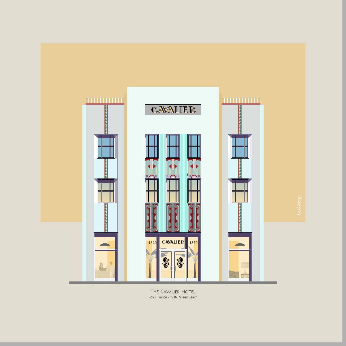 Architectural illustration of the Cavalier Hotel in Miami Beach, highlighting its elegant Art Deco façade with decorative geometric detailing, symmetrical design, and classic 1936 architecture. Artwork by Lex George.