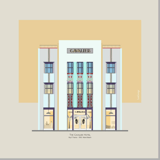 Architectural illustration of the Cavalier Hotel in Miami Beach, highlighting its elegant Art Deco façade with decorative geometric detailing, symmetrical design, and classic 1936 architecture. Artwork by Lex George.
