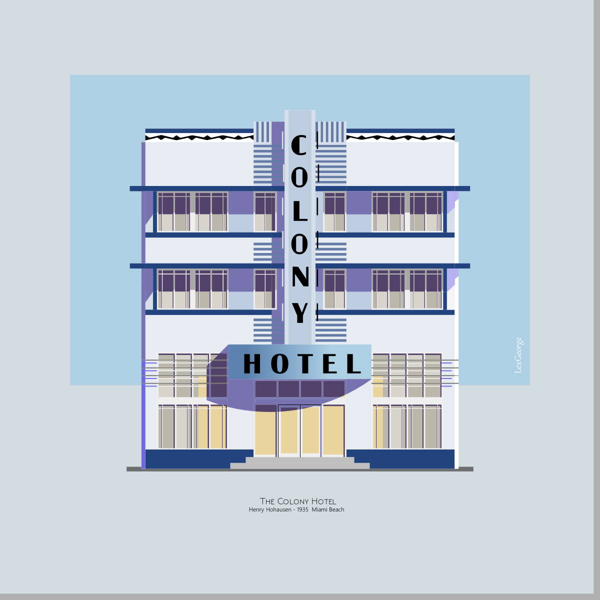 Architectural illustration of the Colony Hotel in Miami Beach, showcasing its iconic Art Deco façade with the signature vertical "Colony" sign in cool blue and white tones. Artwork by Lex George.