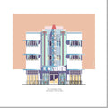 Architectural illustration of the Congress Hotel in Miami Beach, featuring its iconic Art Deco façade with colorful vertical detailing, geometric ornamentation, and classic 1936 design. Artwork by Lex George.