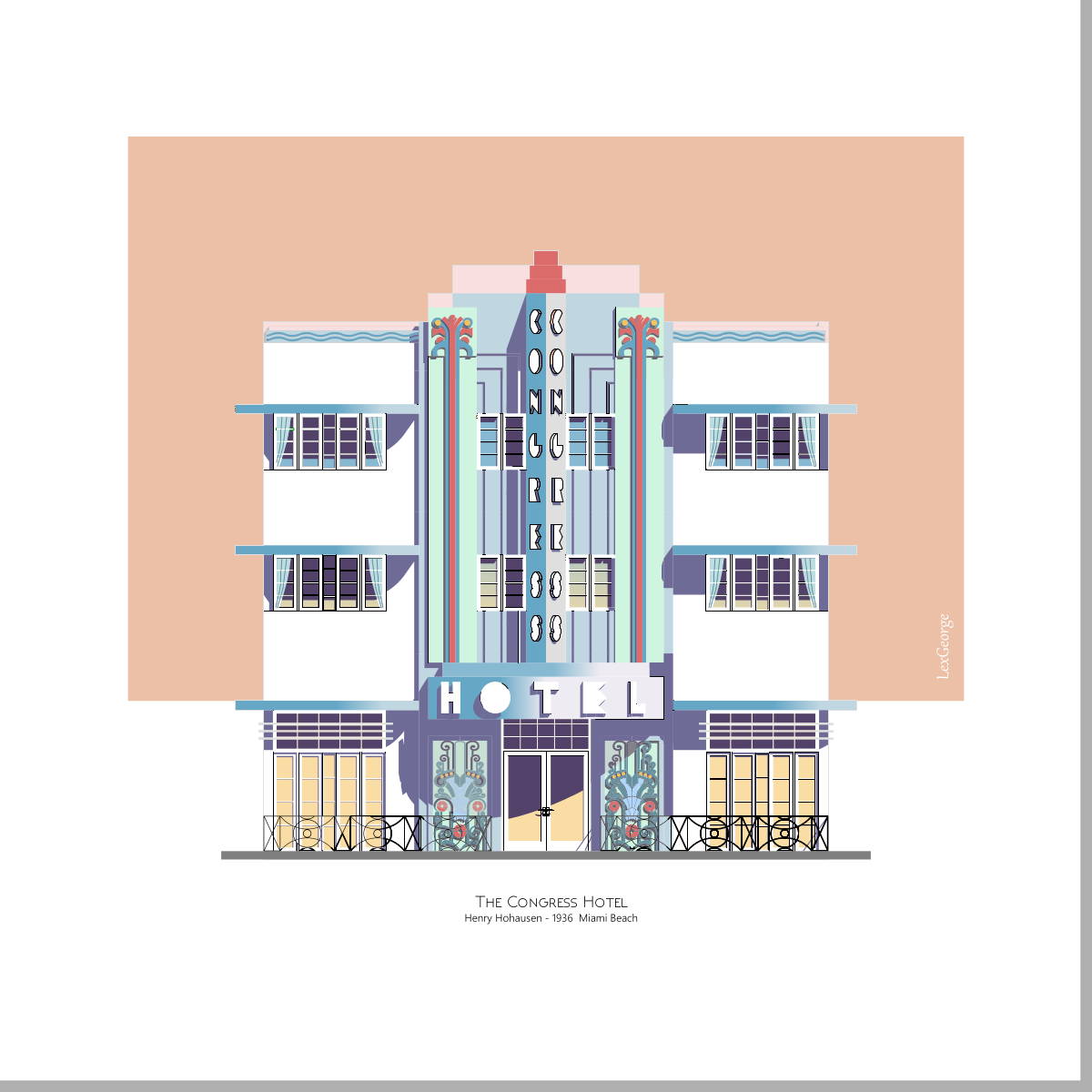 Architectural illustration of the Congress Hotel in Miami Beach, featuring its iconic Art Deco façade with colorful vertical detailing, geometric ornamentation, and classic 1936 design. Artwork by Lex George.