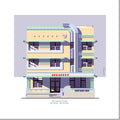 Digital architectural illustration of the Crescent Hotel, an Art Deco landmark in Miami Beach, Florida, featuring streamlined curves, pastel colors, geometric detailing, and the iconic 1938 façade by architect Henry Hohauser. Artwork by Lex George.
