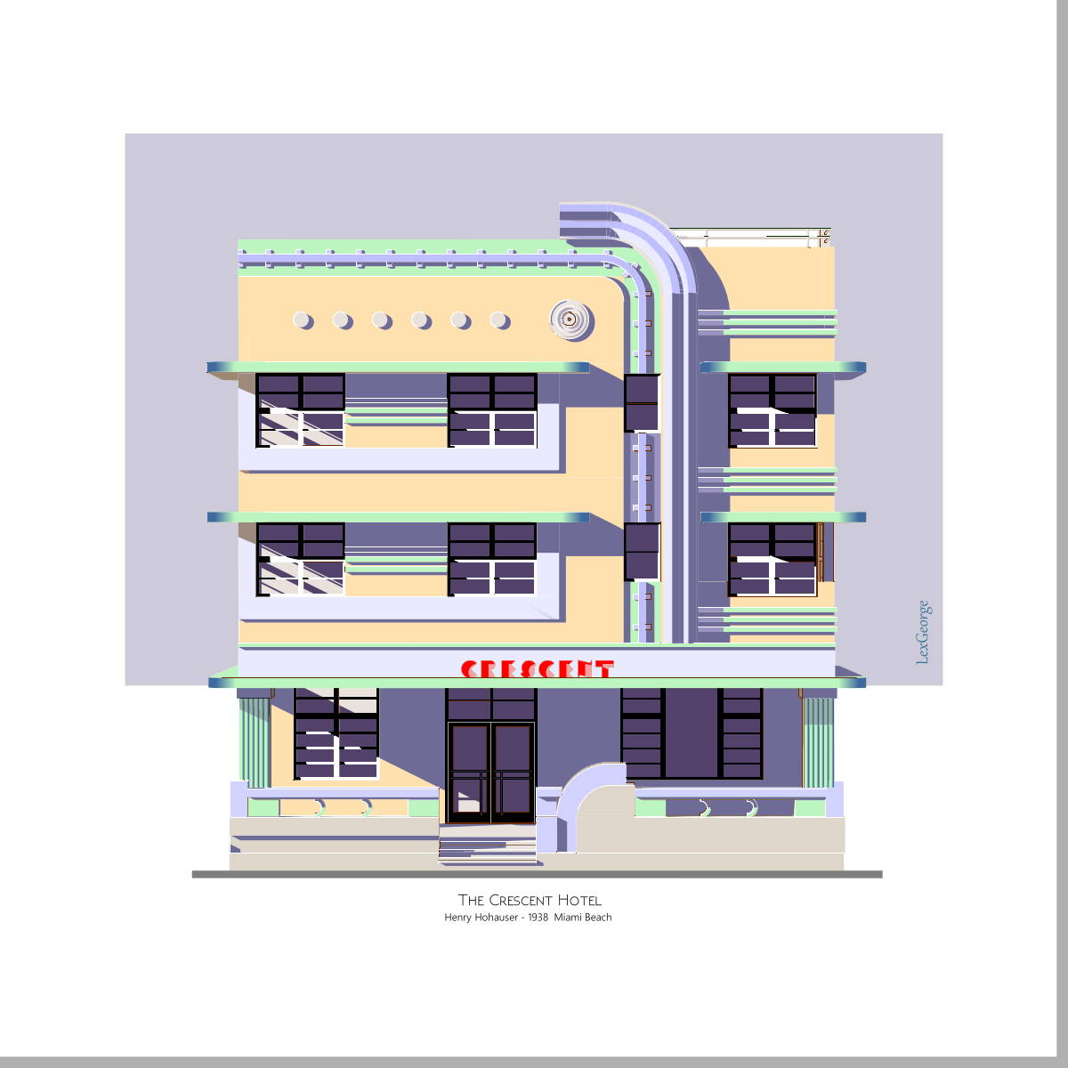 Digital architectural illustration of the Crescent Hotel, an Art Deco landmark in Miami Beach, Florida, featuring streamlined curves, pastel colors, geometric detailing, and the iconic 1938 façade by architect Henry Hohauser. Artwork by Lex George.