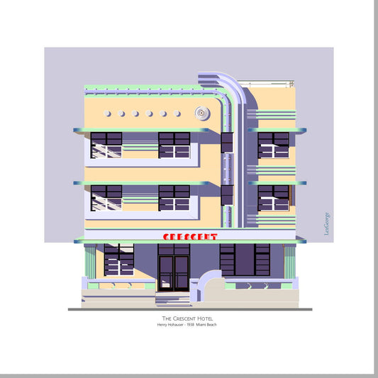Digital architectural illustration of the Crescent Hotel, an Art Deco landmark in Miami Beach, Florida, featuring streamlined curves, pastel colors, geometric detailing, and the iconic 1938 façade by architect Henry Hohauser. Artwork by Lex George.