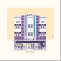 Architectural illustration of the Imperial Hotel in Miami Beach, featuring its striking Art Deco façade with purple accents, decorative vertical panels, and streamlined 1939 design. Artwork by Lex George.