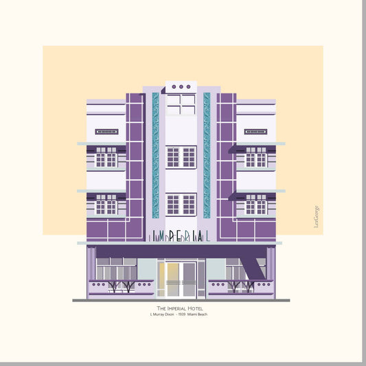 Architectural illustration of the Imperial Hotel in Miami Beach, featuring its striking Art Deco façade with purple accents, decorative vertical panels, and streamlined 1939 design. Artwork by Lex George.