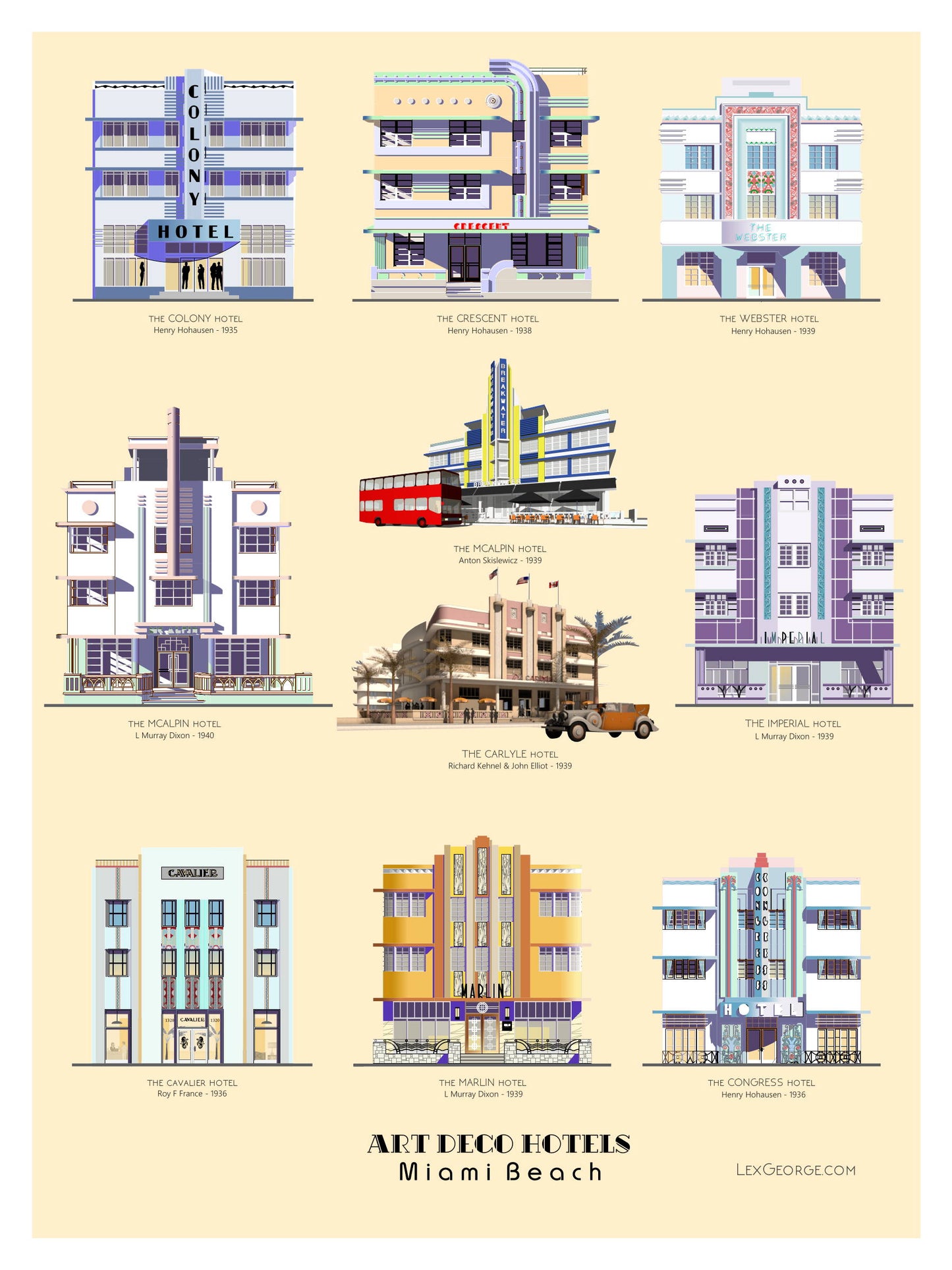 Collection poster featuring nine illustrated Art Deco hotels in Miami Beach, including the Colony, Crescent, Webster, McAlpin, Breakwater, Carlyle, Cavalier, Marlin, and Congress hotels. Artwork by Lex George.