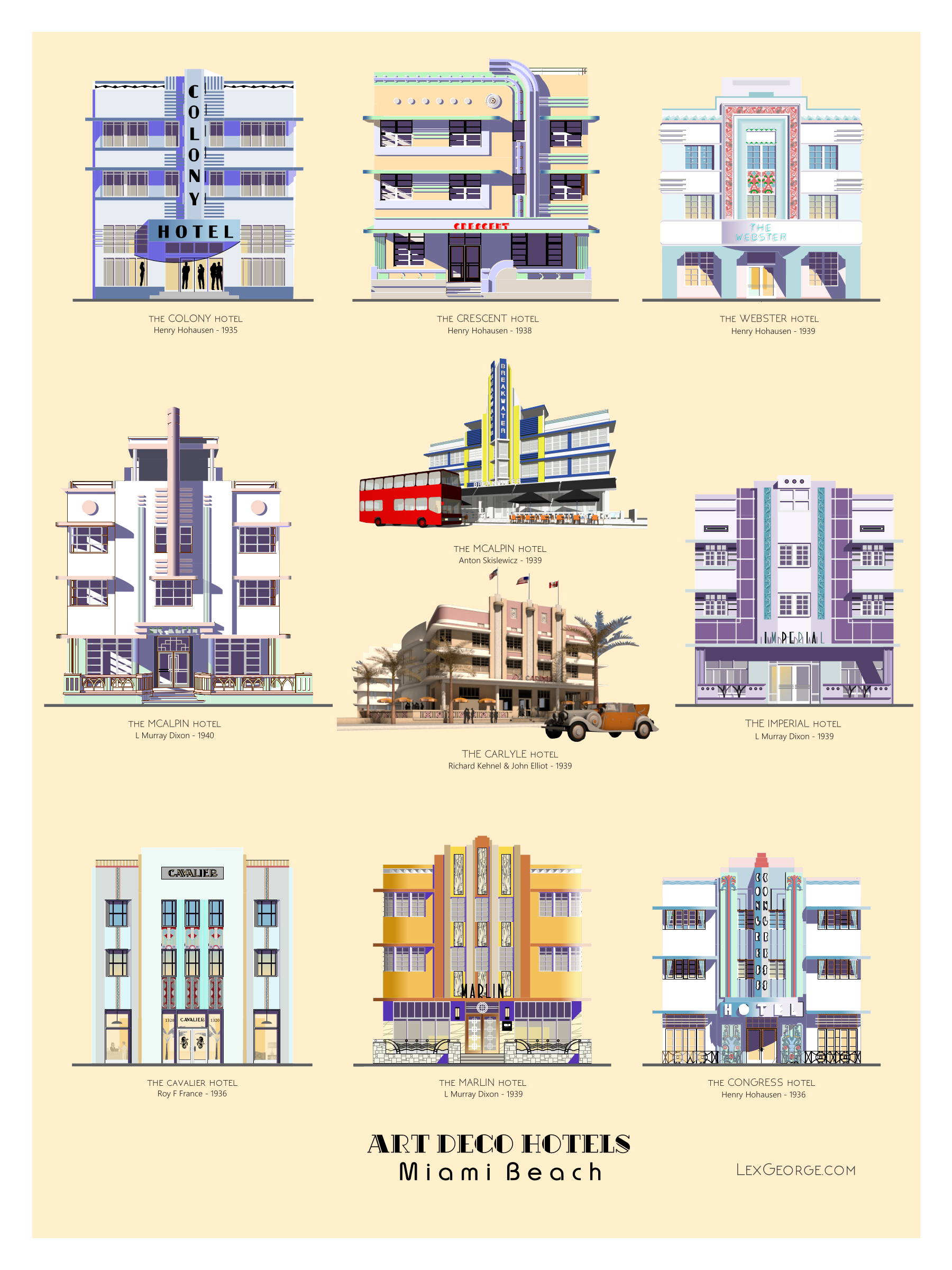 Collection poster featuring nine illustrated Art Deco hotels in Miami Beach, including the Colony, Crescent, Webster, McAlpin, Breakwater, Carlyle, Cavalier, Marlin, and Congress hotels. Artwork by Lex George.