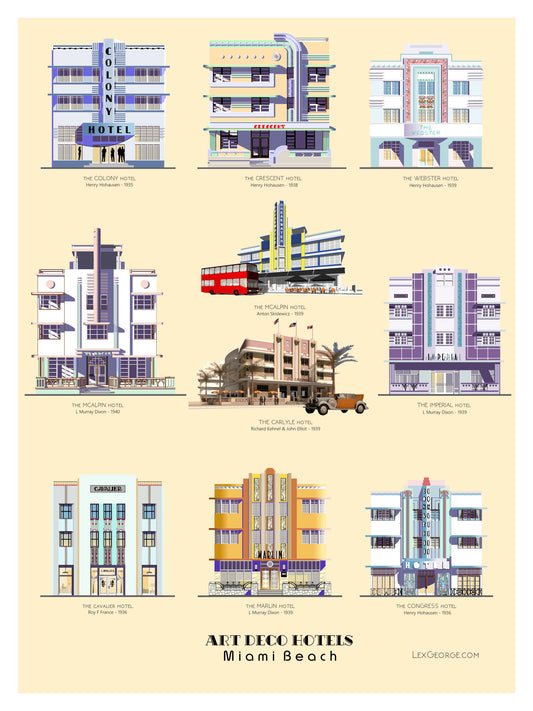Collection poster featuring nine illustrated Art Deco hotels in Miami Beach, including the Colony, Crescent, Webster, McAlpin, Breakwater, Carlyle, Cavalier, Marlin, and Congress hotels. Artwork by Lex George.