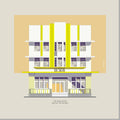 Architectural illustration of the Leslie Hotel in Miami Beach, featuring its streamlined Art Deco façade with bold vertical yellow accents and classic 1935 design. Artwork by Lex George.