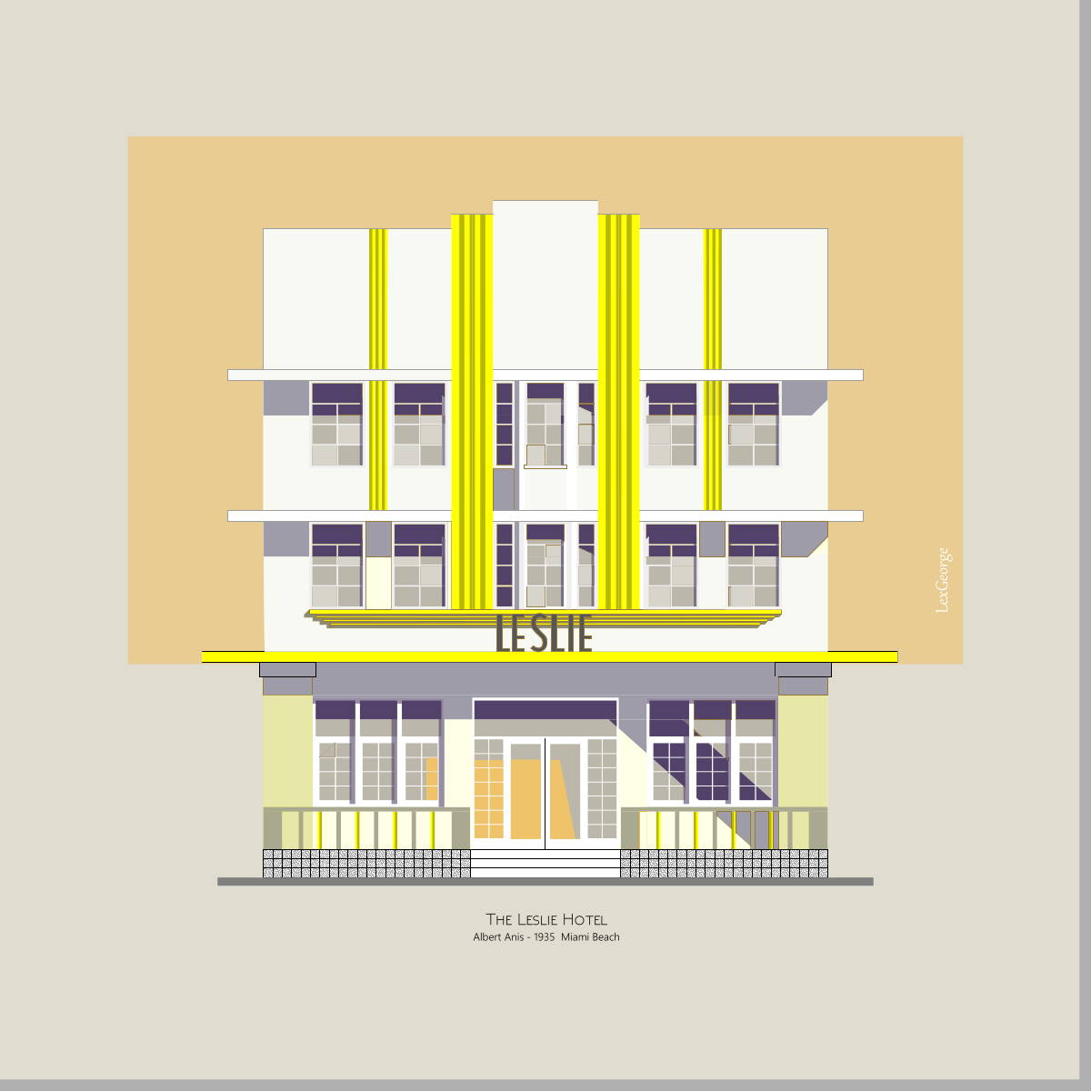 Architectural illustration of the Leslie Hotel in Miami Beach, featuring its streamlined Art Deco façade with bold vertical yellow accents and classic 1935 design. Artwork by Lex George.