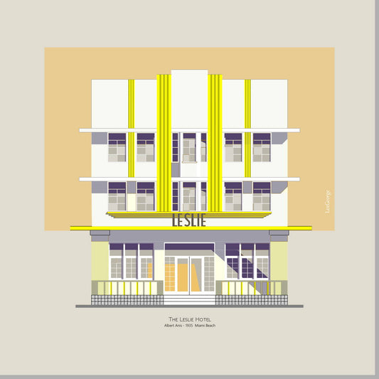 Architectural illustration of the Leslie Hotel in Miami Beach, featuring its streamlined Art Deco façade with bold vertical yellow accents and classic 1935 design. Artwork by Lex George.