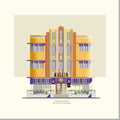 Architectural illustration of the Marlin Hotel in Miami Beach, showcasing its striking Art Deco façade with bold vertical ornamentation, geometric details, and iconic 1939 design. Artwork by Lex George.