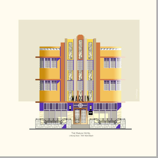 Architectural illustration of the Marlin Hotel in Miami Beach, showcasing its striking Art Deco façade with bold vertical ornamentation, geometric details, and iconic 1939 design. Artwork by Lex George.