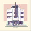 Architectural illustration of the McAlpin Hotel in Miami Beach, highlighting its iconic Art Deco façade, streamlined vertical tower, rounded balconies, and geometric detailing. Artwork by Lex George.