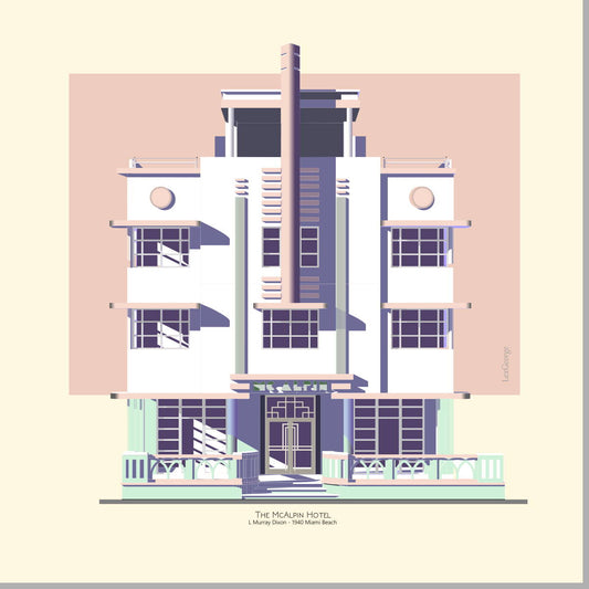 Architectural illustration of the McAlpin Hotel in Miami Beach, highlighting its iconic Art Deco façade, streamlined vertical tower, rounded balconies, and geometric detailing. Artwork by Lex George.
