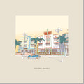 Illustrated streetscape of Ocean Drive in Miami Beach featuring colorful Art Deco hotels, swaying palm trees, vintage street lamps, and a classic convertible. Architectural artwork by Lex George.