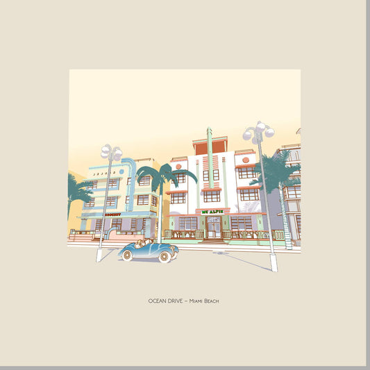 Illustrated streetscape of Ocean Drive in Miami Beach featuring colorful Art Deco hotels, swaying palm trees, vintage street lamps, and a classic convertible. Architectural artwork by Lex George.