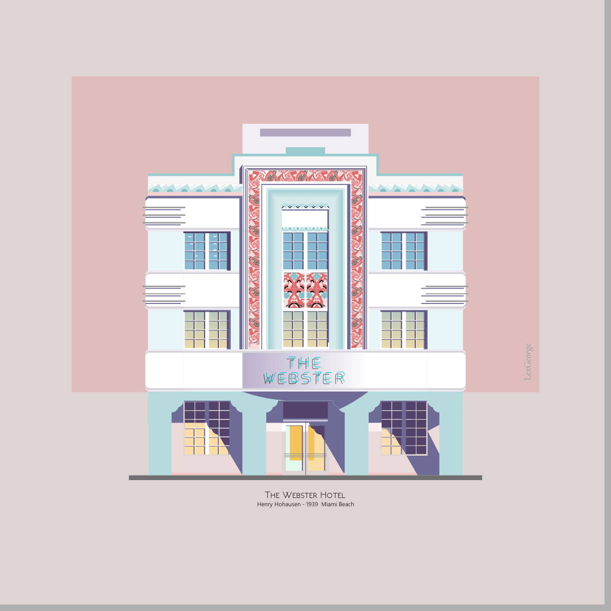 Architectural illustration of the Webster Hotel in Miami Beach, highlighting its ornate Art Deco façade with decorative geometric detailing and a soft pastel color palette. Artwork by Lex George.