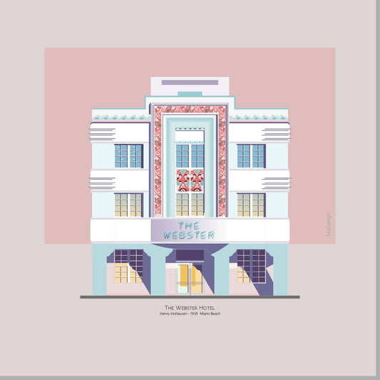 Architectural illustration of the Webster Hotel in Miami Beach, highlighting its ornate Art Deco façade with decorative geometric detailing and a soft pastel color palette. Artwork by Lex George.